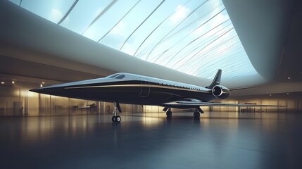Private jet hangar, modern architecture, sunlight, luxury travel