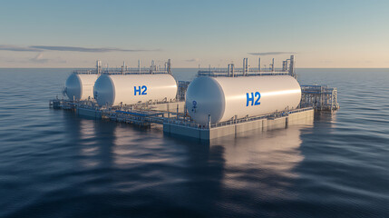 Offshore hydrogen storage: Floating platform with multiple cylindrical tanks marked with H2, symbolizing clean energy solutions and sustainable infrastructure.