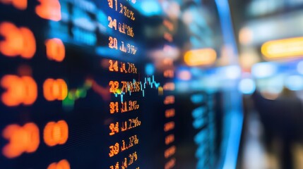 Close up of a screen displaying stock market data with orange numbers and a financial graph line