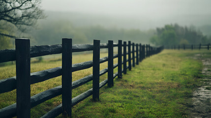 Wooden fence stretches along a grassy field with a misty forest in the background.