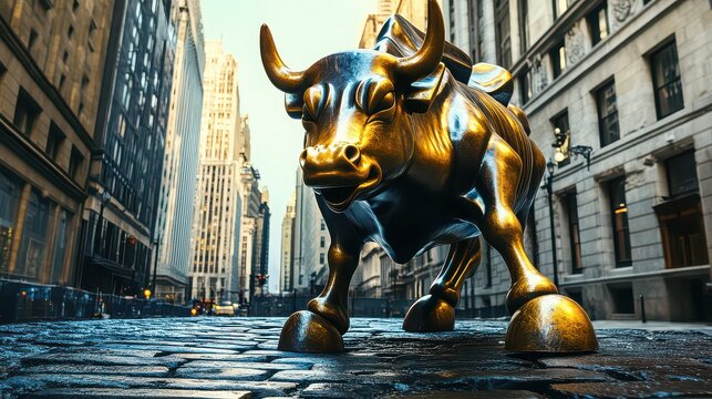 A bronze bull statue stands powerfully on a cobblestone street surrounded by tall buildings in a city