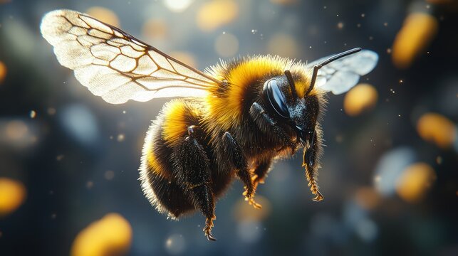 Flying bumblebee in sunlight, pollen, blurred background