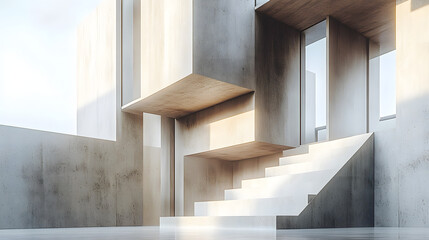 Obraz premium Abstract white and brown concrete interior multilevel public space with window. 3D illustration and rendering.