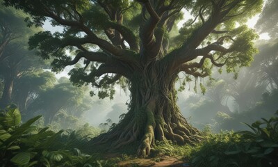 Fototapeta premium Massive tree engulfed by climbing vines, dense jungle foliage, wood, background