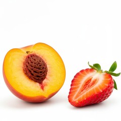 realistic photo of one peach slice and one strawberry isolated on white background, high detail, side view