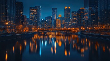 Obraz premium Cityscape at night, illuminated buildings reflected in water.