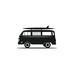 Vintage van with surfboard on a beach road, Ideal for travel and adventure themed images.
