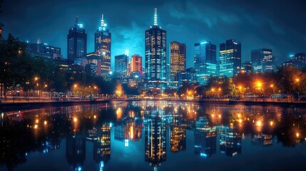 Obraz premium Night cityscape reflected in calm water.