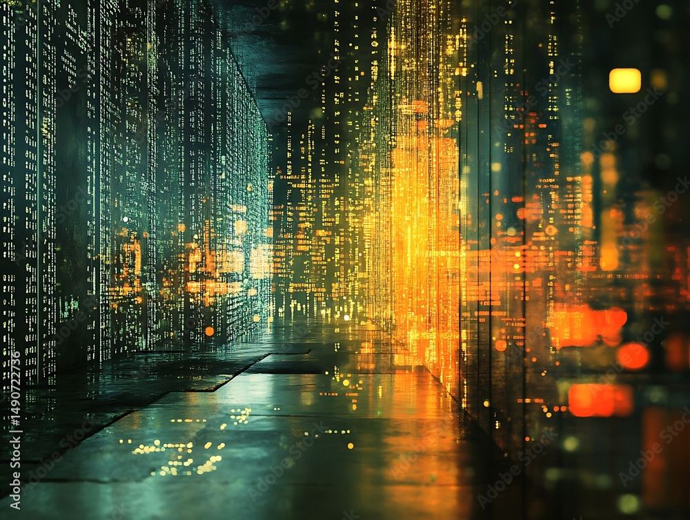 Poster abstract data center visualization with digital network streams and lights