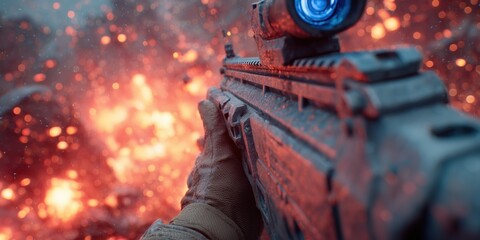 First-person view of soldier holding futuristic assault rifle with holographic sight, digital camouflage grip and glowing blue reticle surrounded by fiery explosion sparks and smoke haze
