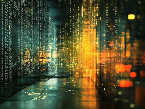 Abstract data center visualization with digital network streams and lights