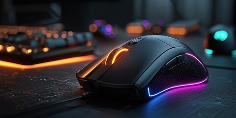 Black gaming mouse close-up with vibrant RGB lighting in orange, pink and cyan accents, textured side grip