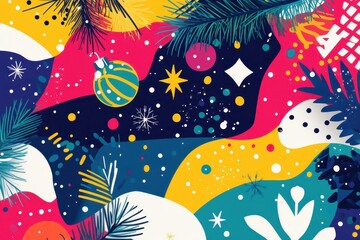 Festive holiday background illustration with ornament, pine branches, stars, and snowflakes in pink, yellow, white, and blue colors, ideal for Christmas and New Year designs.