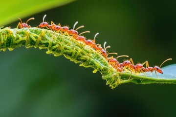 Naklejka premium Red ants marching on a leaf