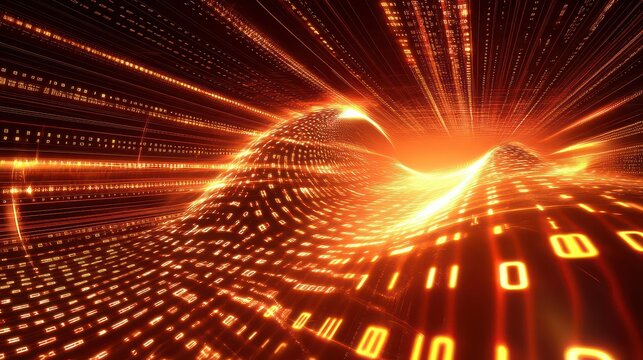 Abstract orange tunnel with binary code flowing through a digital landscape of information streams - Powered by Adobe