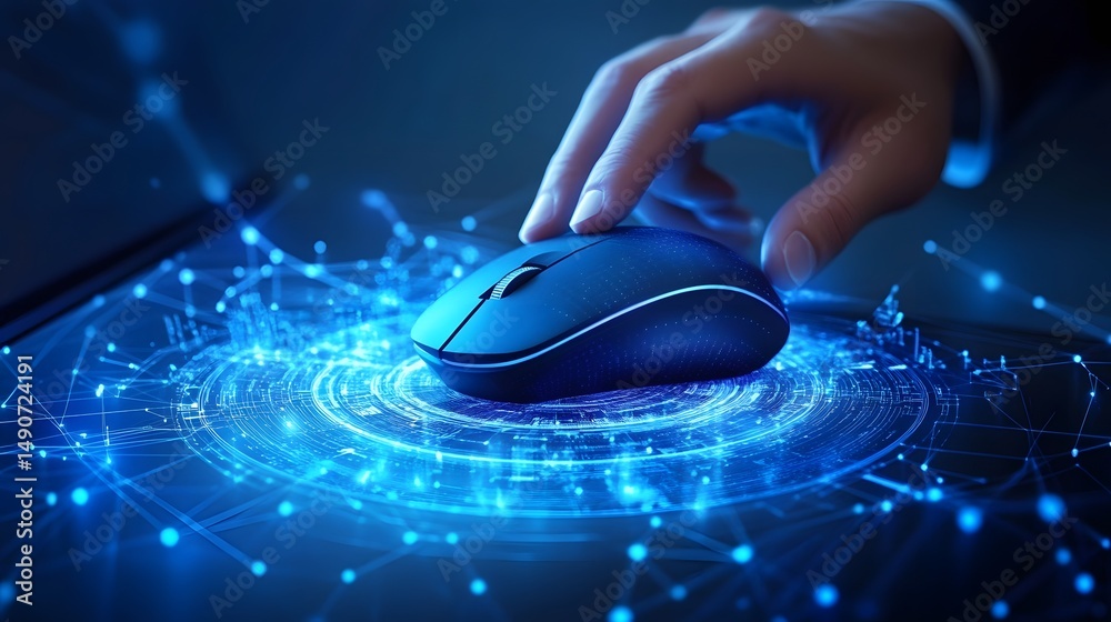 Fototapete Hand Using Mouse on Abstract Digital Background with Network Connection