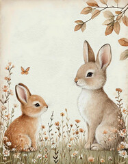 Cute bunny mother and baby in floral field pastel illustration
