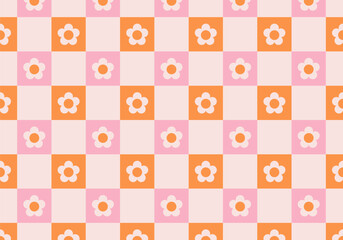 Daisy flowers and checkerboard seamless pattern. Colorful pink and orange vector background in retro groovy style