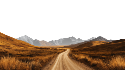 Remote dirt road through golden hills landscape on transparent background