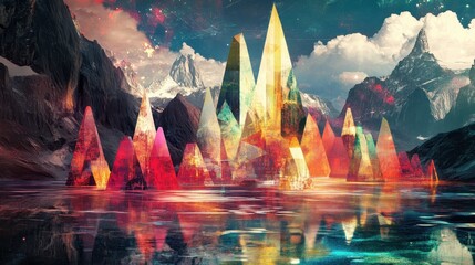 Colorful abstract landscape with geometric shapes reflected in water, set against a backdrop of mountains and a cloudy sky. Generative AI.