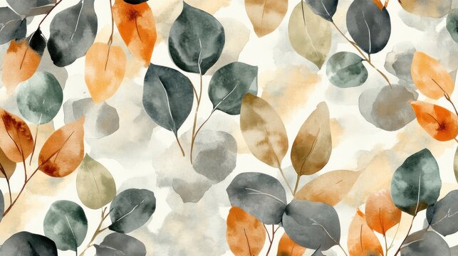 A seamless pattern of colorful leaves in muted tones. Watercolor style