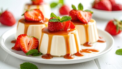 Caramel Pudding Dessert with Strawberries.