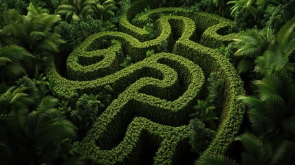 Aerial view of a green maze surrounded by dense tropical vegetation, creating a complex and intriguing pattern within the lush forest environment.