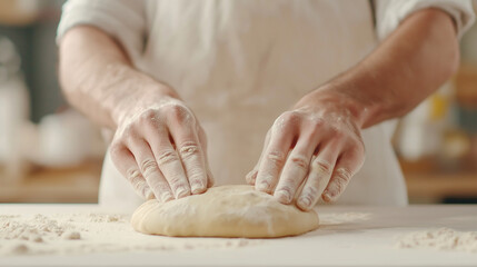 Fototapeta premium Baker pressing dough on flour dusted surface, hands kneading bread with precise professional technique, traditional bakery craftsmanship