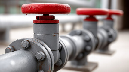 Row of industrial pipeline valves with red shut off handles regulating flow in a processing plant, ensuring safety and efficient operations
