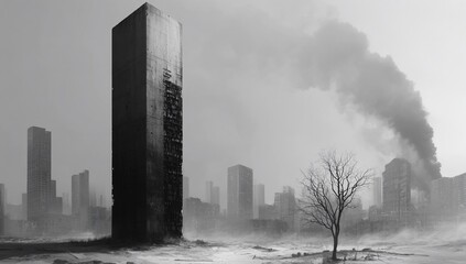 Postapocalyptic city with tall monolith.