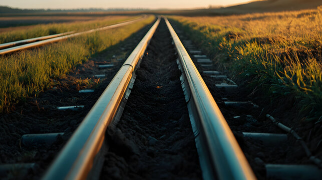 Railroad tracks extend into the distance through grassy fields under a warm sky.