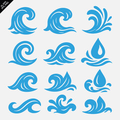 Naklejka premium realistic blue water waves and splashes with fluid particles and wave patterns