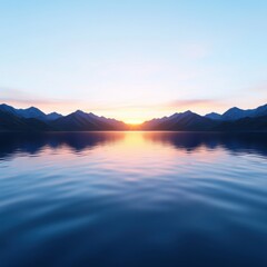 Tranquil sunrise over calm lake surrounded by mountains, reflecting vibrant colors in the water.