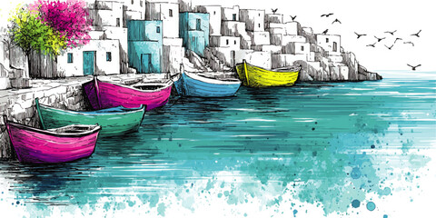 Obraz premium Stunning Vector Illustration of Vibrant Boats Resting on Calm Sea Waters by Charming Coastline Village with White Houses Colorful Trees and Flying Seagulls in Sky