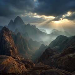 The mountains are covered in fog and the sun is shining through the clouds