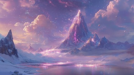 Fantastic landscape with snow covered mountains, clouds, and a starry sky. The water reflects the lights of the mountain and the starry sky, creating a magical atmosphere.