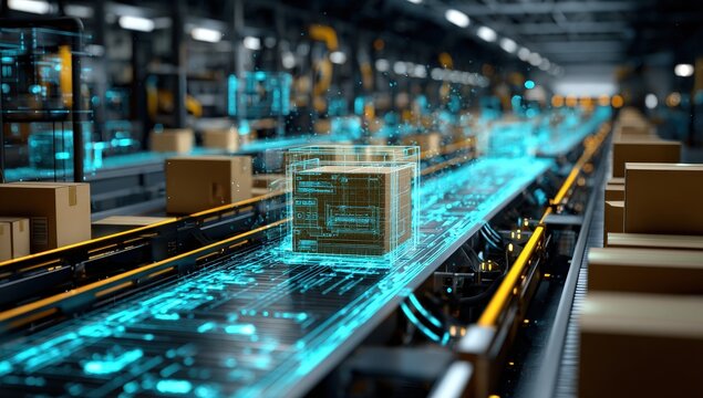 digitization process ,Futuristic automated assembly line with glowing digital interfaces and high-tech packaging in a smart factory setting.