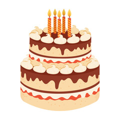 Birthday cake with candles isolated on white or transparent background. Vector illustration. Festive element close-up for design decoration. Two-tiered cake with cream.