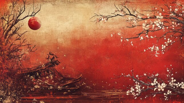Red artistic painting of a japanese style building with cherry blossoms and a hanging red orb above