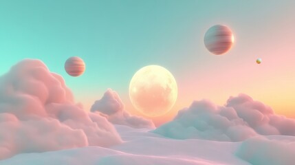 Dreamy pastel landscape with fluffy clouds and planets against a soft sky. A serene and ethereal scene evokes fantasy and imagination in a peaceful environment.