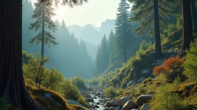 A serene forest landscape with majestic trees and rugged rocks