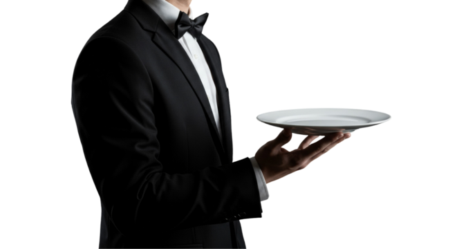 Formal waiter presents a white plate