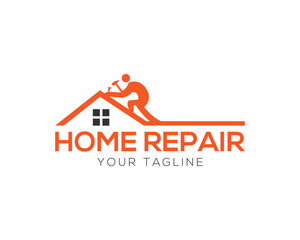 Home repair service logo orange silhouette worker with hammer vector template design for construction company