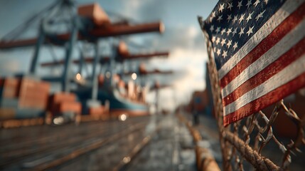 Busy port with American flag waving, symbolizing Independence Day and local celebrations in the backdrop of vibrant shipping activity