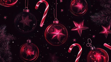 Festive Christmas pattern on dark background. Ornaments, candy canes, stars, and pine branches create a holiday scene. Decorative elements evoke the spirit of Christmas.