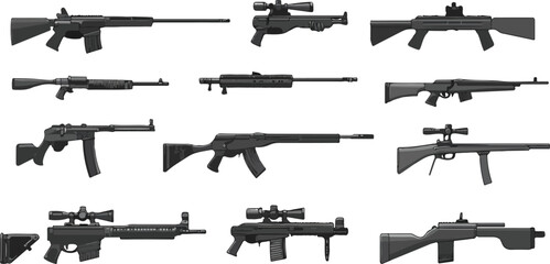 Twelve Different Types of Rifles Illustrated in a Simple Style Against a White Background