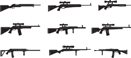 Nine Different Types of Rifles with Scopes and Without Scopes Black Silhouettes on White Background