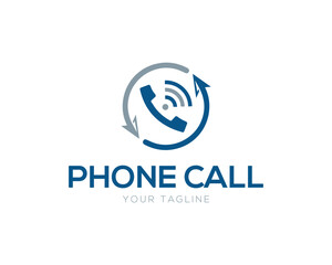 Phone call vector logo with circular arrows and signal waves for communication company template