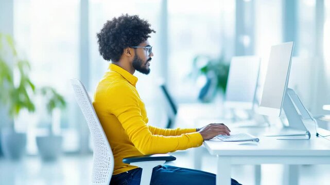 A man in a yellow shirt works at a computer in a bright, modern office environment.