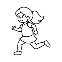 little girl running outline vector drawing 
